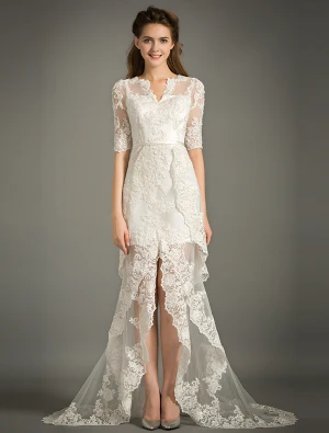 A Line V Neck 1 2 Sleeves Lace Summer Wedding Dress With Sash