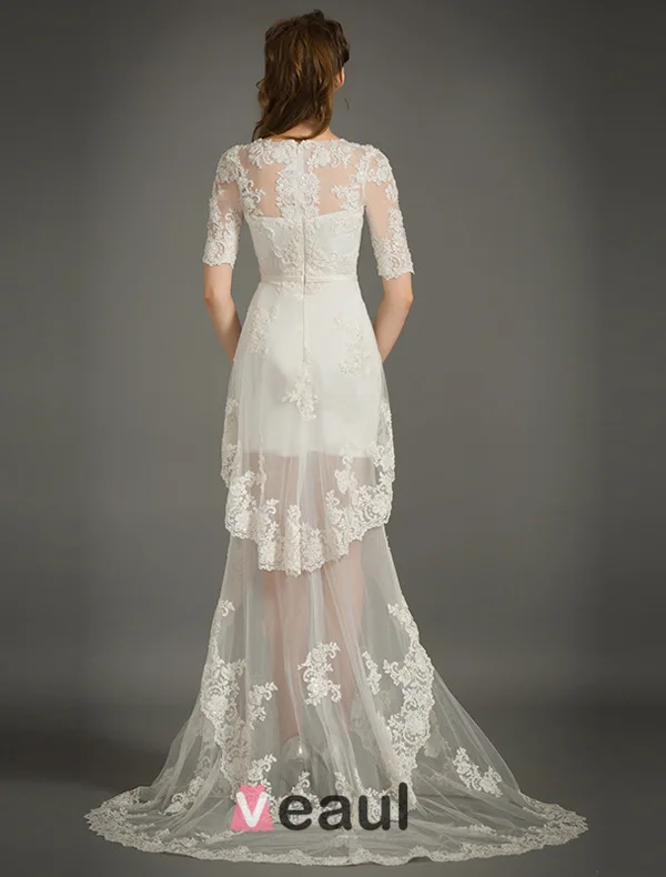A-ligne De V-cou 1/2 Manches Robe De Mariée En Dentelle D'été Avec Ceinture