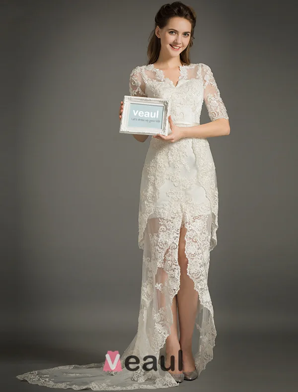 A-ligne De V-cou 1/2 Manches Robe De Mariée En Dentelle D'été Avec Ceinture