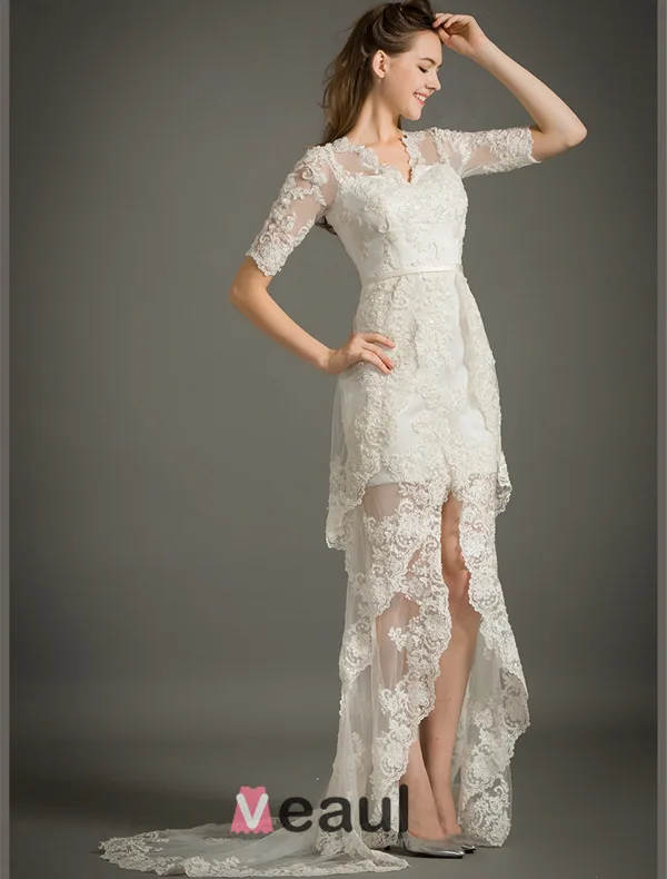 A-ligne De V-cou 1/2 Manches Robe De Mariée En Dentelle D'été Avec Ceinture