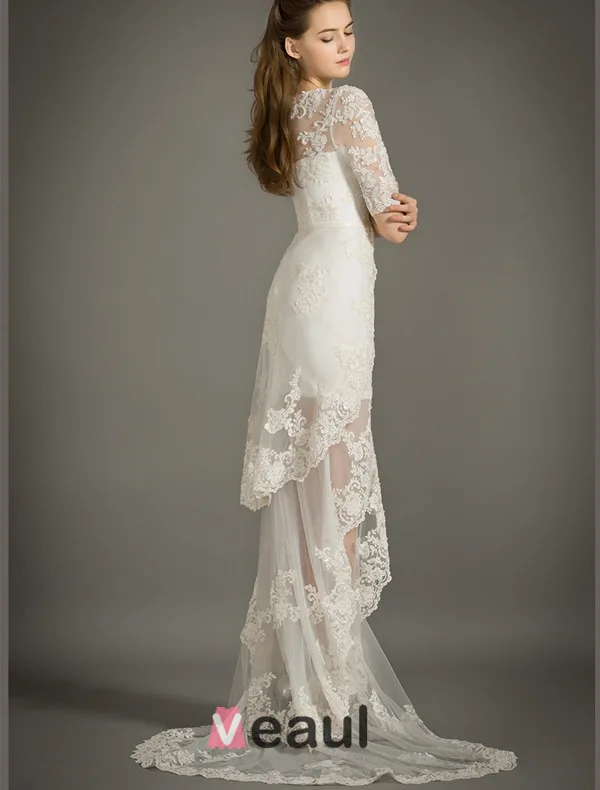 A-ligne De V-cou 1/2 Manches Robe De Mariée En Dentelle D'été Avec Ceinture