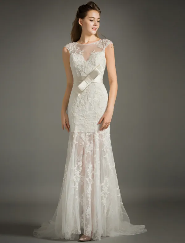 Beautiful Empire Square Neckline Applique Lace Bridal Dress With Sash