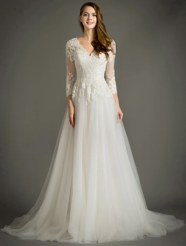 knee length dresses for ladies A-line 3/4 Sleeves V-back Full Lace Elegant Wedding Dresses, WD0308 –  SofieBridal main image 1