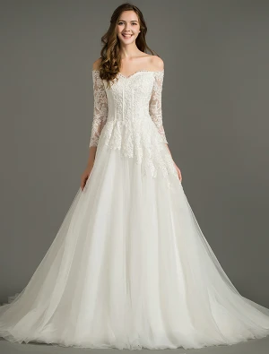 A Ligne De Hors La Dentelle Organza Épaule Appliques Robe De Mariée Dos Nu