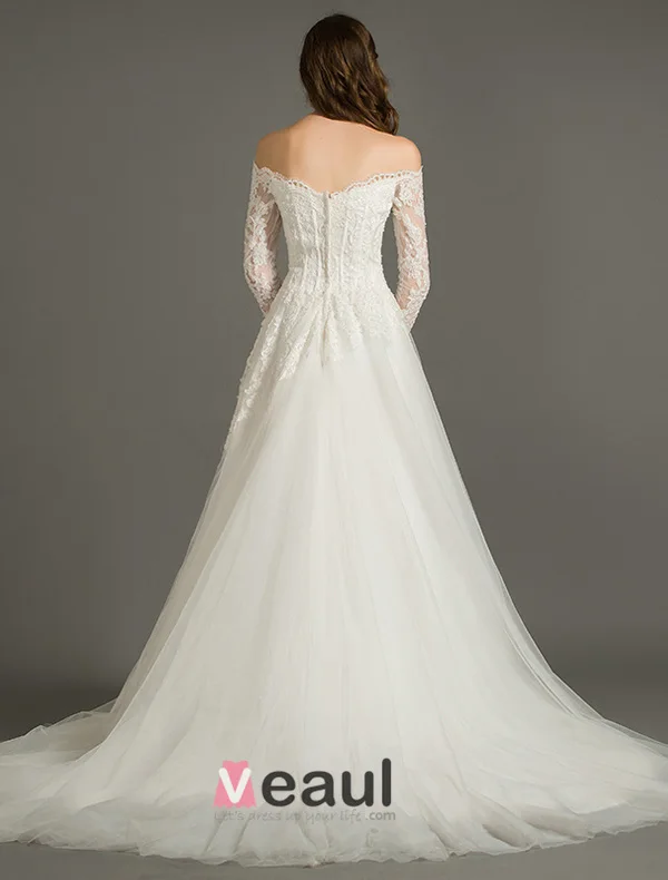 A-lijn Uit De Schouder Bruidsjurk Applique Kant Organza Backless Trouwjurken