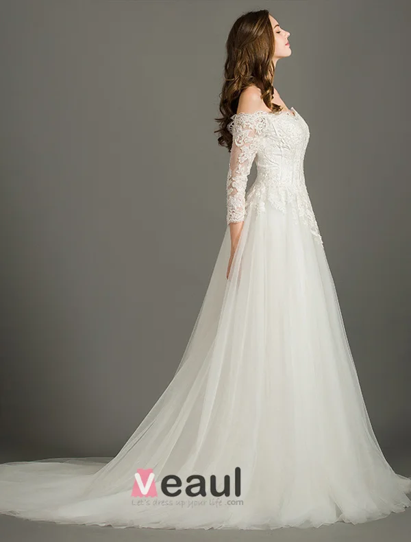 A-lijn Uit De Schouder Bruidsjurk Applique Kant Organza Backless Trouwjurken
