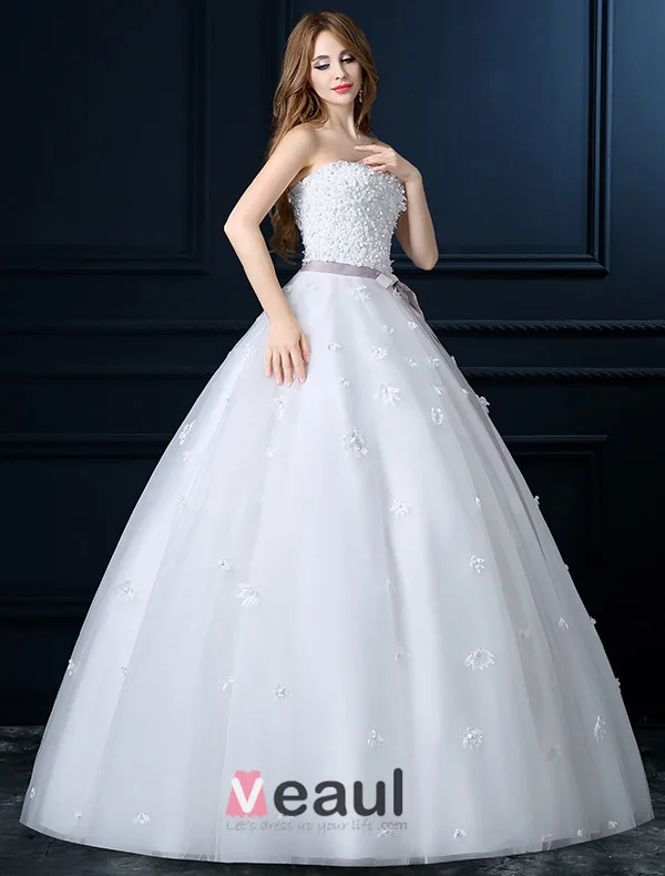 Belle Applique Bustier Robe De Mariée Blanche Avec Noeud Ceinture