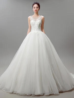 Robe De Bal Encolure Robe De Mariée En Organza Applique De Dentelle D Ivoire Avec Des Perles