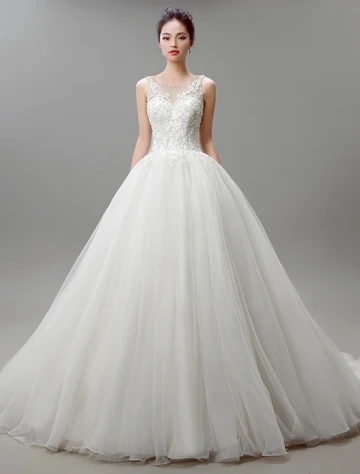 Ball Gown Scoop Neckline Applique Lace Ivory Organza Wedding Dress With Beading