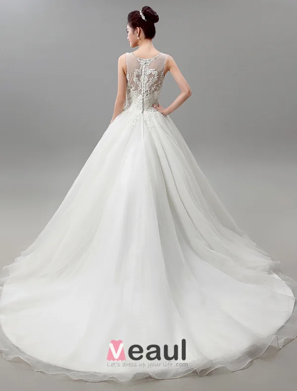 Robe De Bal Encolure Robe De Mariée En Organza Applique De Dentelle D'ivoire Avec Des Perles