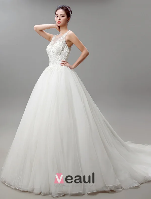 Robe De Bal Encolure Robe De Mariée En Organza Applique De Dentelle D'ivoire Avec Des Perles
