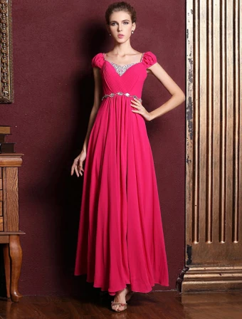 Princess Sleeves Beading Rhinestone Crystal Ruffle Chiffon Maxi Evening Dress