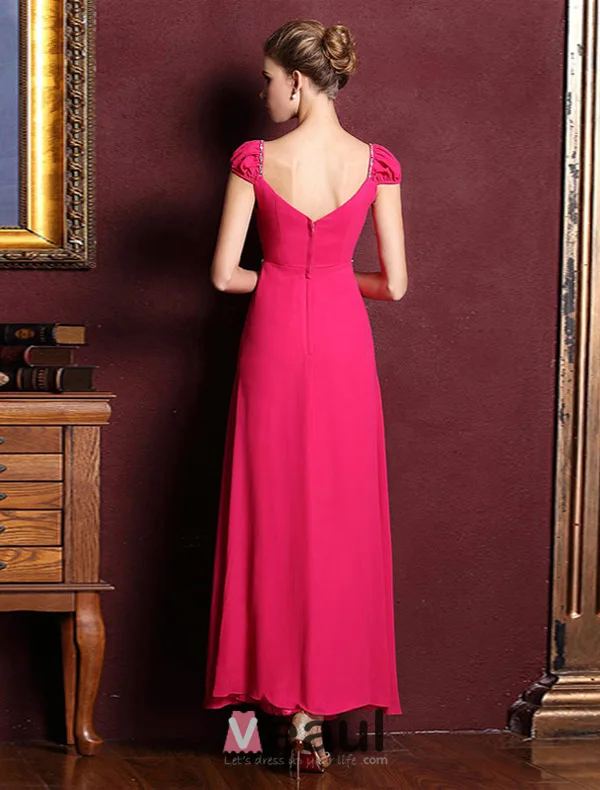 Princess Sleeves Beading Rhinestone Crystal Ruffle Chiffon Maxi Evening Dress