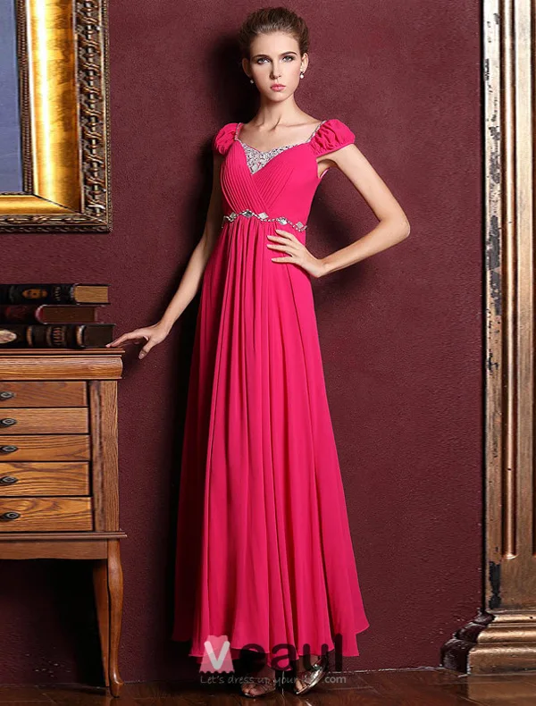 Princess Sleeves Beading Rhinestone Crystal Ruffle Chiffon Maxi Evening Dress