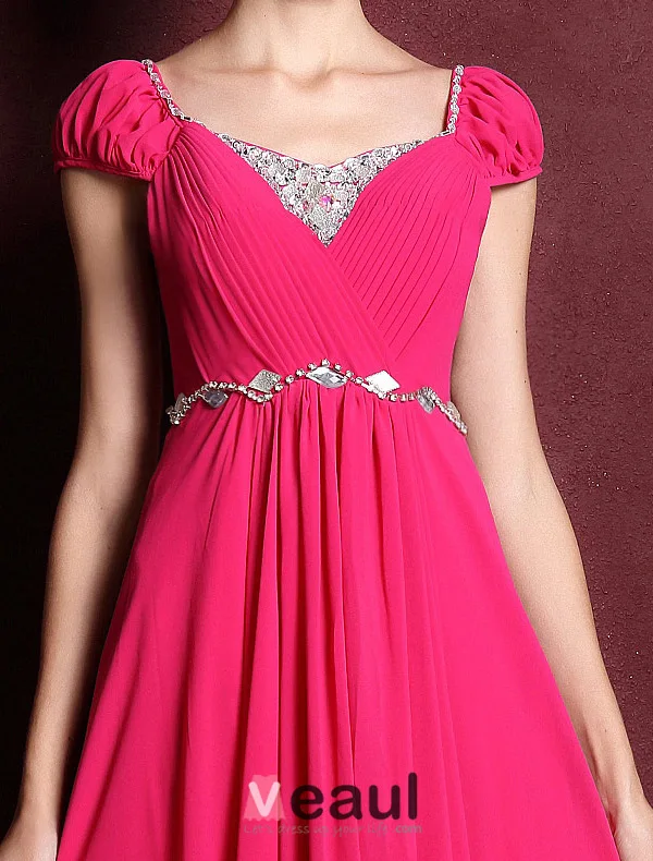 Princess Sleeves Beading Rhinestone Crystal Ruffle Chiffon Maxi Evening Dress