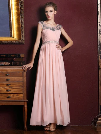 Empire Formal Gown Beading Crystal Ruffle Chiffon Pink Evening Dress With Rhinestone