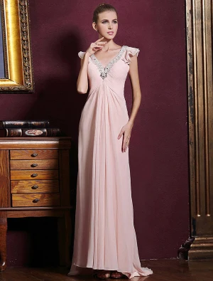 Volant Élégante Robe De Soirée Col V Profond Rose En Mousseline De Soie Maxi Avec Des Paillettes