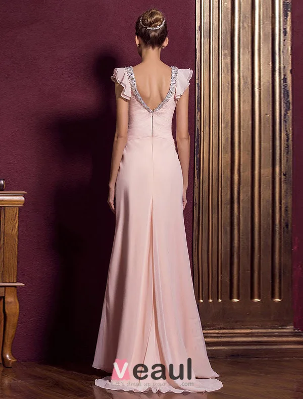 Elegant Deep V-neck Ruffle Pink Chiffon Maxi Evening Dress With Sequins