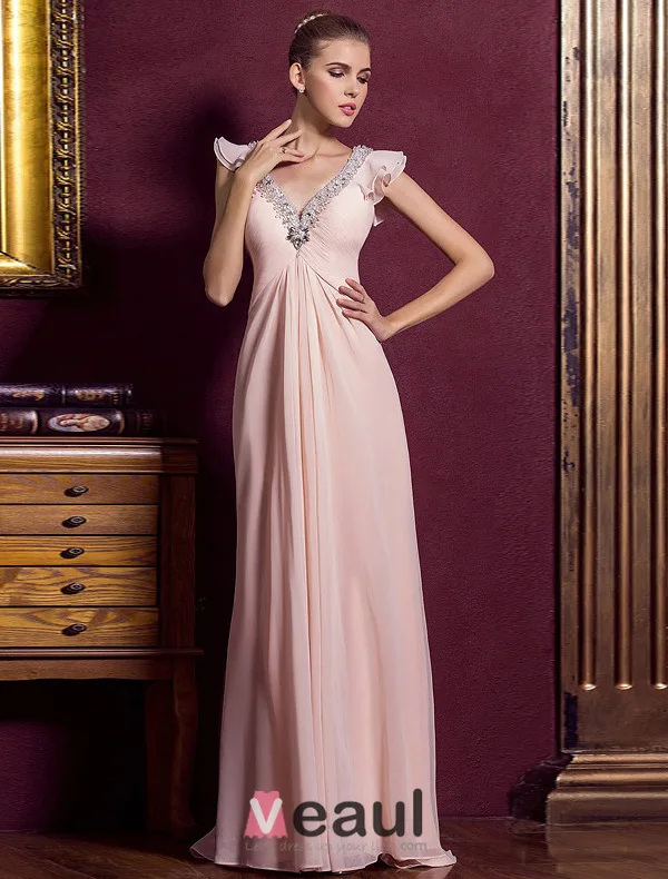 Elegant Deep V-neck Ruffle Pink Chiffon Maxi Evening Dress With Sequins