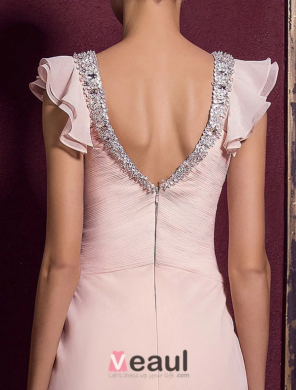 Elegant Deep V-neck Ruffle Pink Chiffon Maxi Evening Dress With Sequins