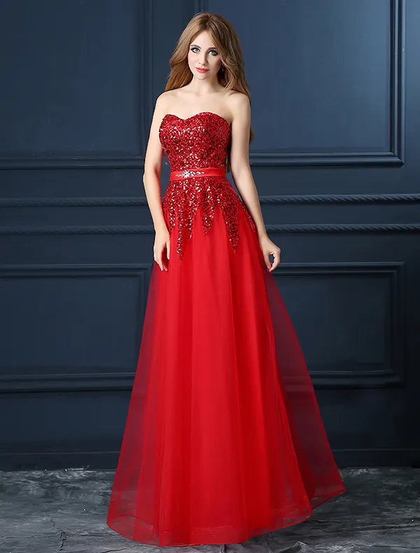 A-line Sweetheart Sequins Red Organza Evening Dress With Sash