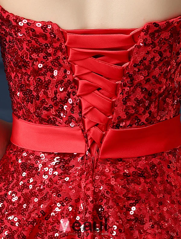 A-linje Kjæreste Paljetter Rød Organza Selskapskjoler Med Sash