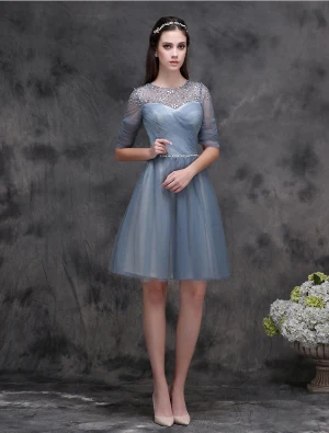 Élégant Col Rond Volant Encre Robe De Cocktail Bleu Avec Perles