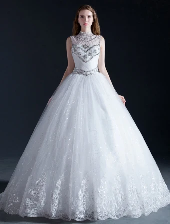 Luxury High Neck Beading Crystal Sequins Ruffle Organza Ball Gown Wedding Dress