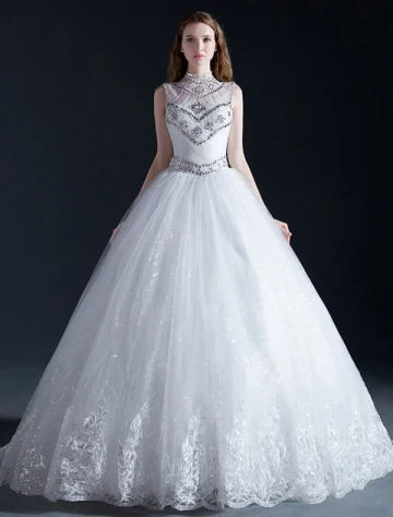 Luxe High Nek Kralen Kristal Pailletten Ruche Organza Baljurk Trouwjurk