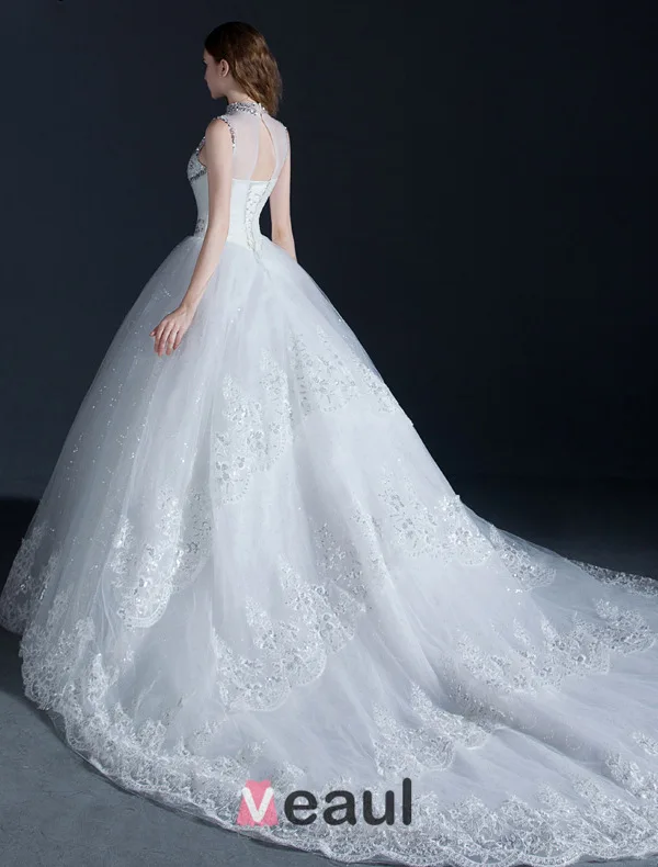 Luxury High Neck Beading Crystal Sequins Ruffle Organza Ball Gown Wedding Dress