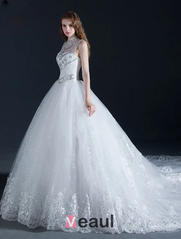 Luxury High Neck Beading Crystal Sequins Ruffle Organza Ball Gown Wedding Dress