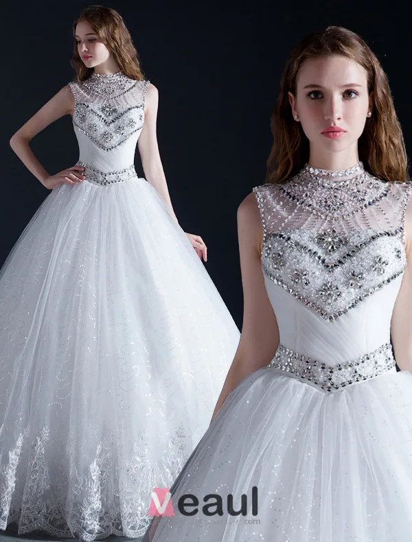 Luxury High Neck Beading Crystal Sequins Ruffle Organza Ball Gown Wedding Dress