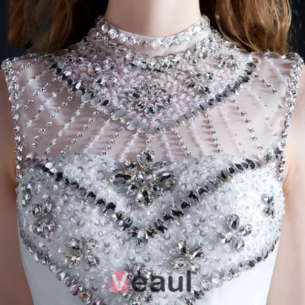Luxury High Neck Beading Crystal Sequins Ruffle Organza Ball Gown Wedding Dress