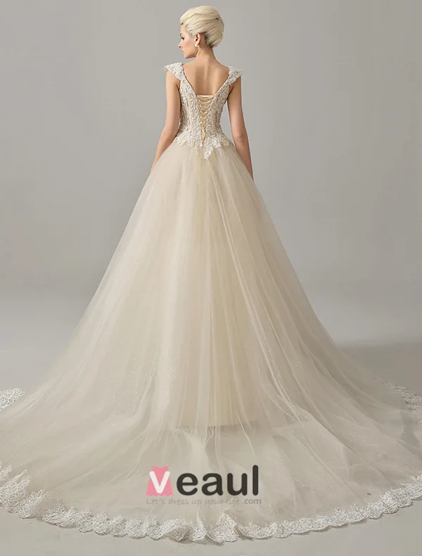 Luxury Square Neckline Beading Corset Ball Gown Champagne Organza Wedding Dress