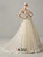 Luxury Square Neckline Beading Corset Ball Gown Champagne Organza Wedding Dress