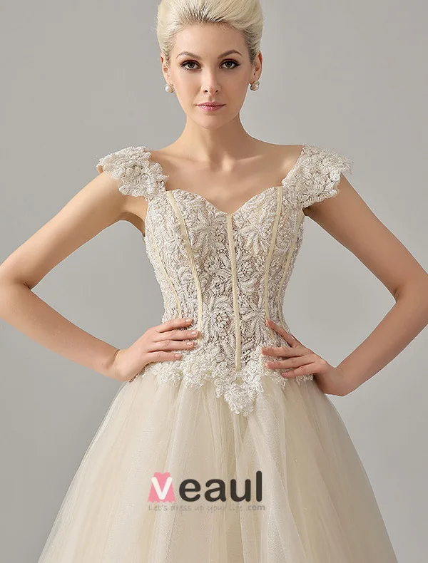 Luxury Square Neckline Beading Corset Ball Gown Champagne Organza Wedding Dress
