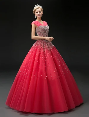 2016 La Mode Robe De Bal En Tulle Robe Rouge Paillettes V Cou