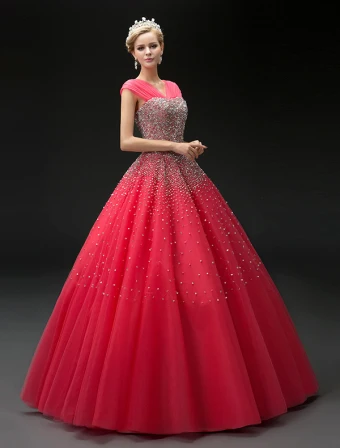 2016 Fashion Ball Gown Red Tulle V Neck Sequins Prom Dress