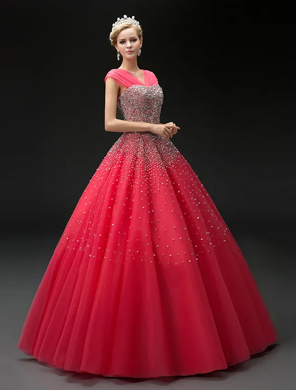 2016 Fashion Ball Gown Red Tulle V-neck Sequins Prom Dress