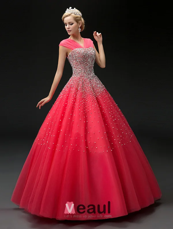 2016 Fashion Ball Gown Red Tulle V-neck Sequins Prom Dress
