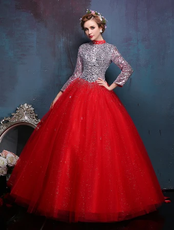 2016 Vintage High Neck Sequin And Crystal Red Organza Prom Dress