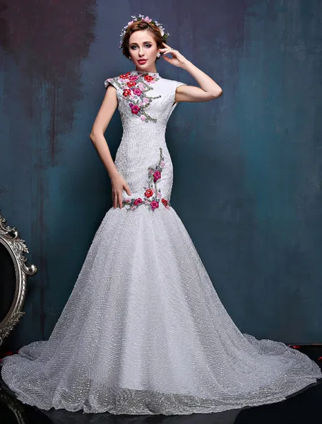 2016 High Neck Applique Colorful Flowers Improved Cheongsam Mermaid Wedding Dress