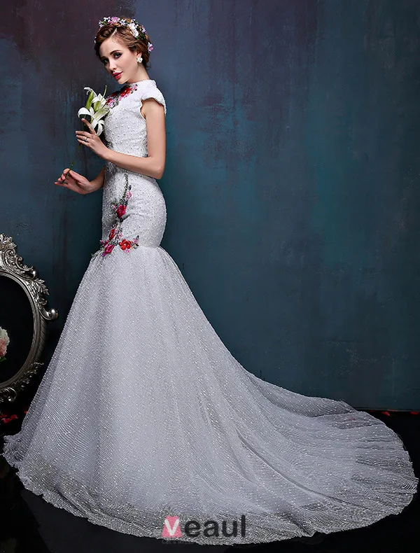 2016 High Neck Applique Colorful Flowers Improved Cheongsam Mermaid Wedding Dress