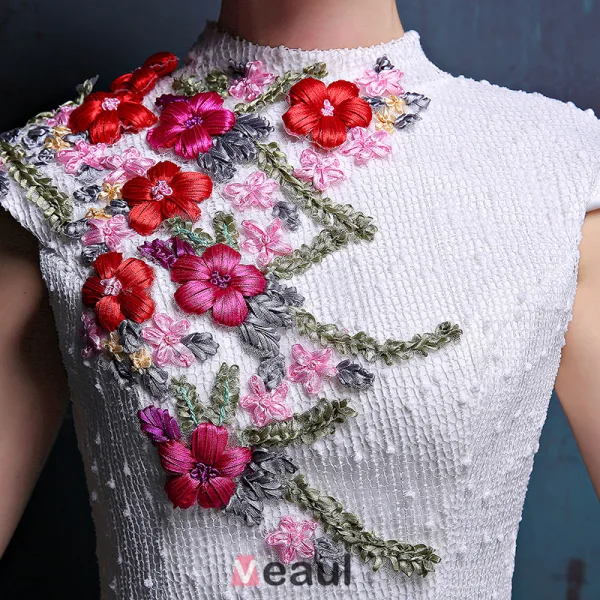 2016 High Neck Applique Colorful Flowers Improved Cheongsam Mermaid Wedding Dress
