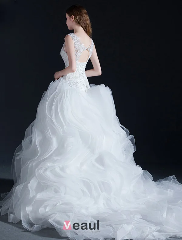 Ballkleid Scoop Hals Kaskadierung Rüsche Organza Brautkleid Mit Spitze
