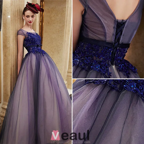 2016 Elegant Glitter Organza Applique Lace Royal Blue Prom Dress