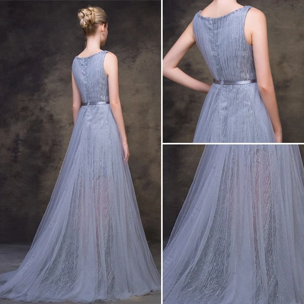 2016 Perles Encolure Carrée Robe De Soirée Grise Paillettes De Tulle Scintillant Avec Ceinture