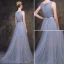 2016 Perles Encolure Carrée Robe De Soirée Grise Paillettes De Tulle Scintillant Avec Ceinture