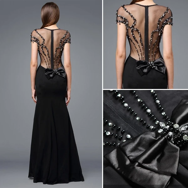 2016 Stunning Scoop Neckline Backless Beading Rhinestone Black Silk Evening Dress