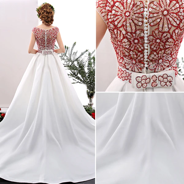 2016 Elegant Skopa Halsen Röda Strass Blommor Ruggig Vit Satäng Balklänning